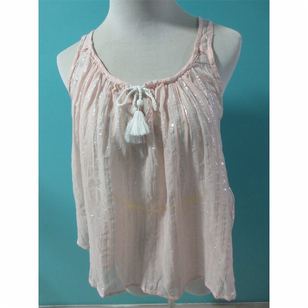 Abercrombie & Fitch Tank Top Womens S Pink Metallic Stripe Tassel Tie Neck